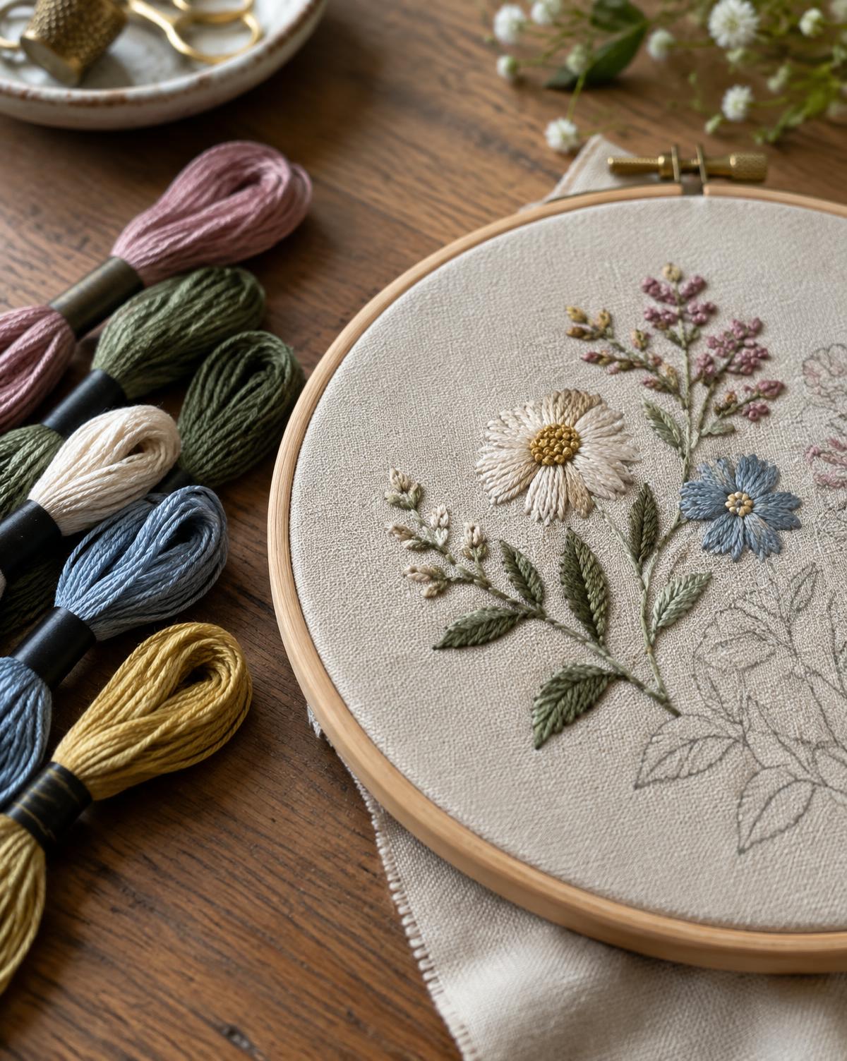 Embroidery hoop with linen and cotton threads